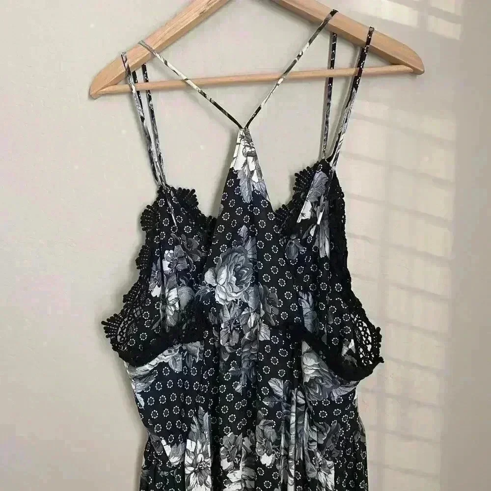 Free People Black Floral‎ Midi Dress Crochet Chest
